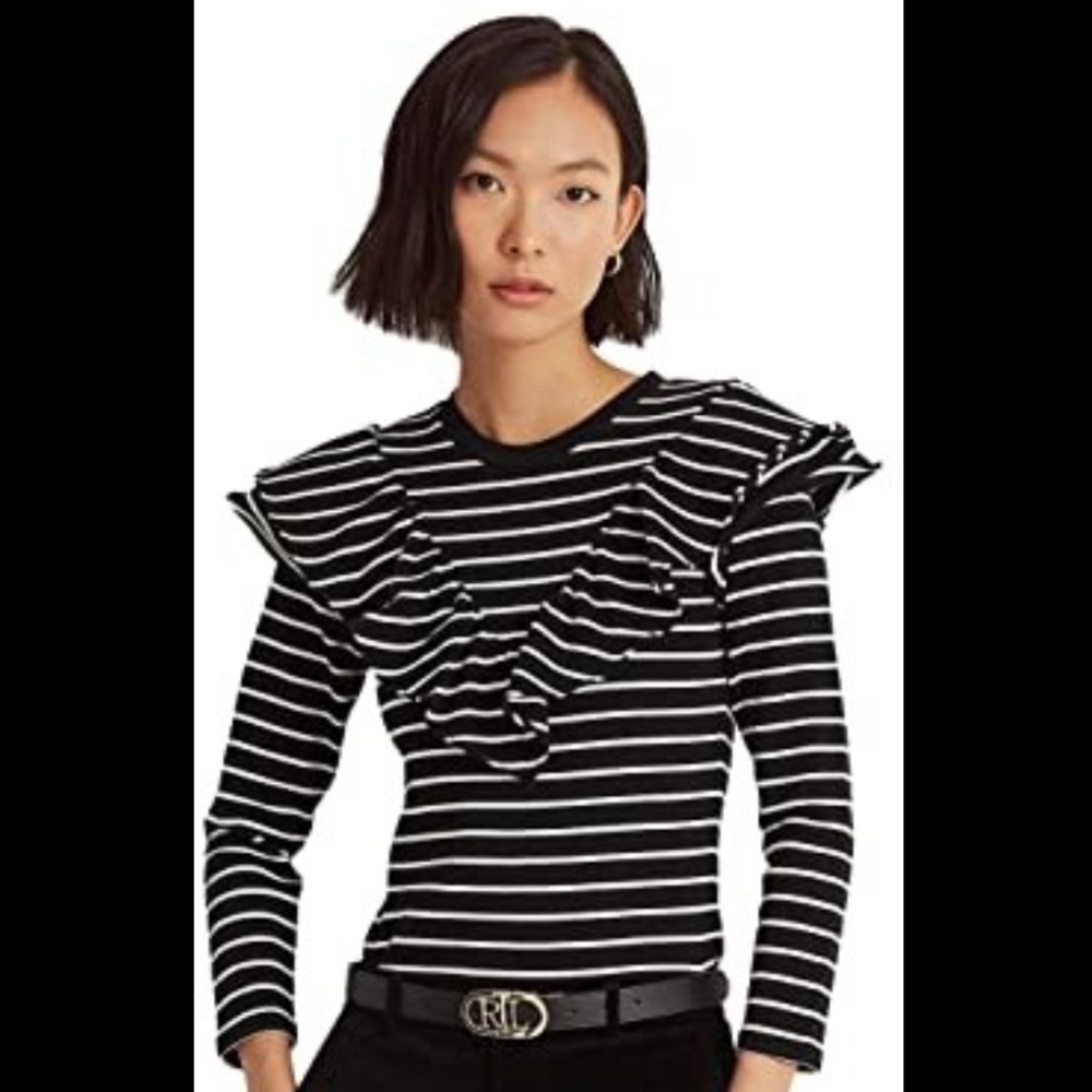 Lauren Ralph Lauren Striped Ruffle-Trim Long-Sleeve Top